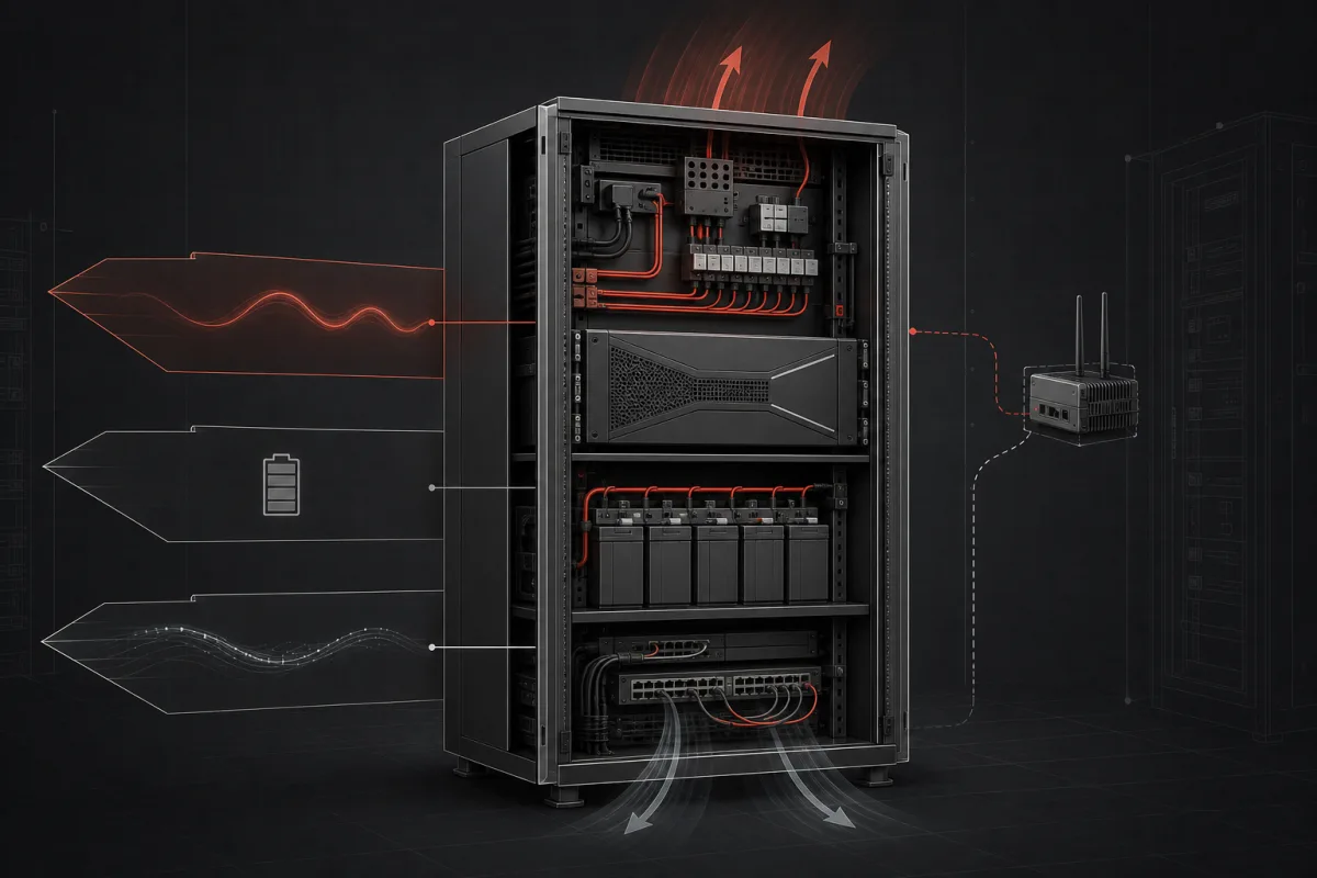Edge Rack UPS Selection: Load, Runtime, U-Space and Remote Access — conceptual engineering illustration